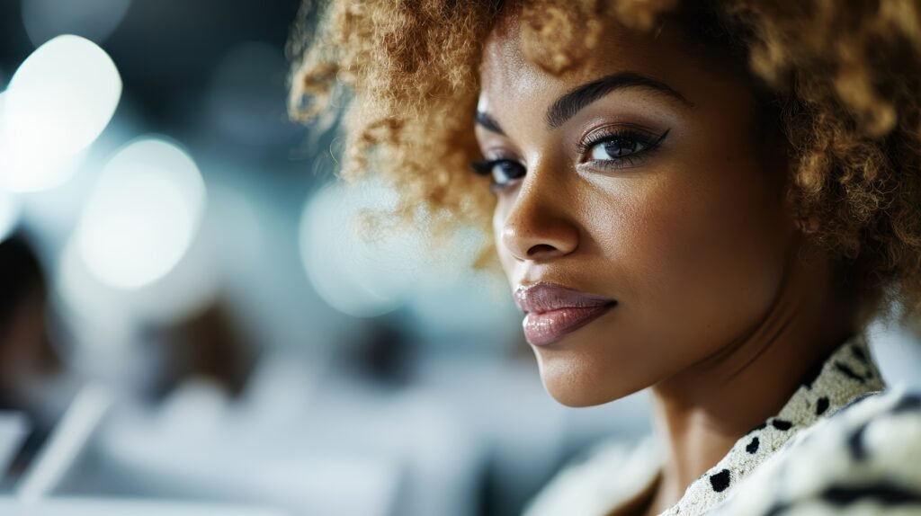 professionally dressed black woman with curious face